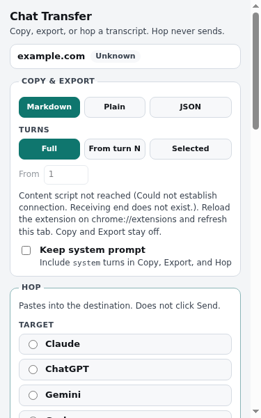 Format choices Markdown, Plain, and JSON, with turns set to Full, From turn N, or Selected.