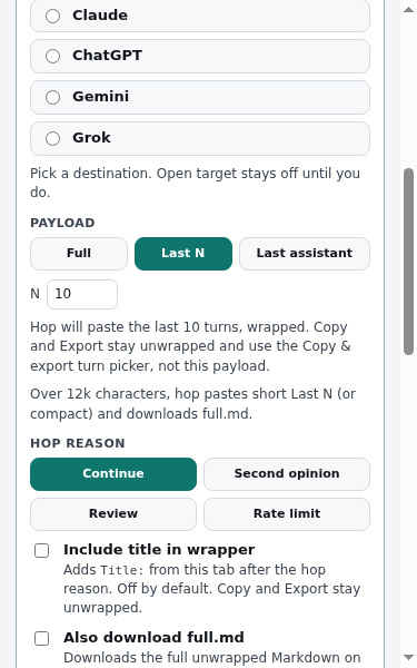 Hop targets Claude, ChatGPT, Gemini, and Grok, with Last N set to 10.
