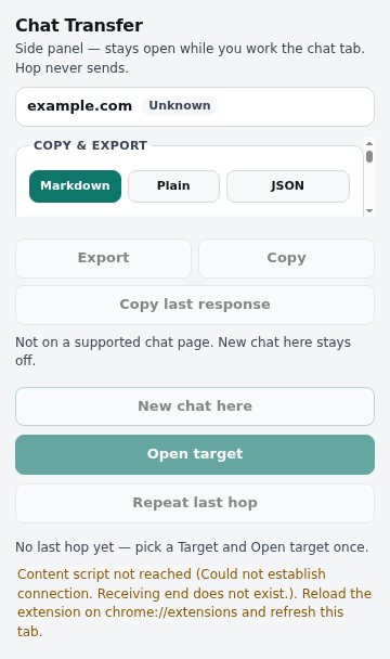 Side panel formats plus Export, Copy, and Copy last response.